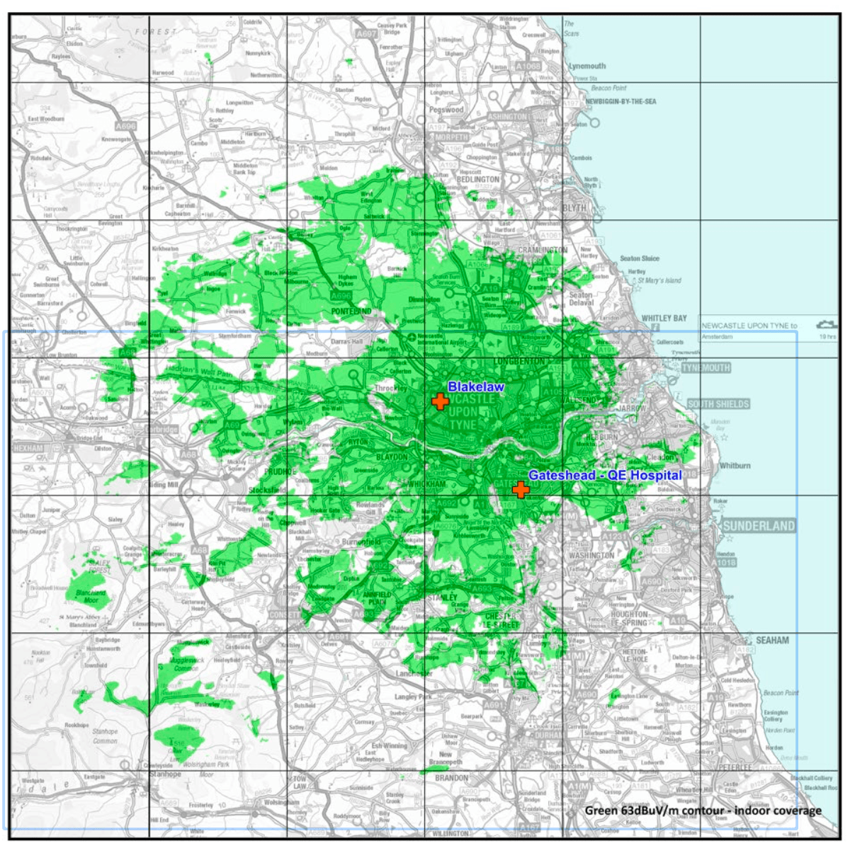 Predicted indoor coverage map for the Newcastle and Gateshead small-scale DAB multiplex, Block 8A